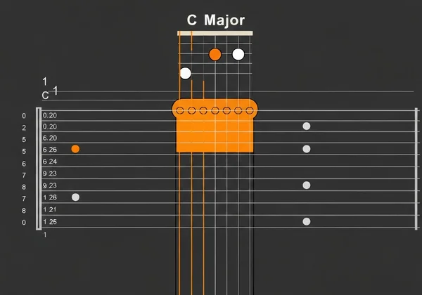 Virtual fretboard showing C, G, D major chord shapes
