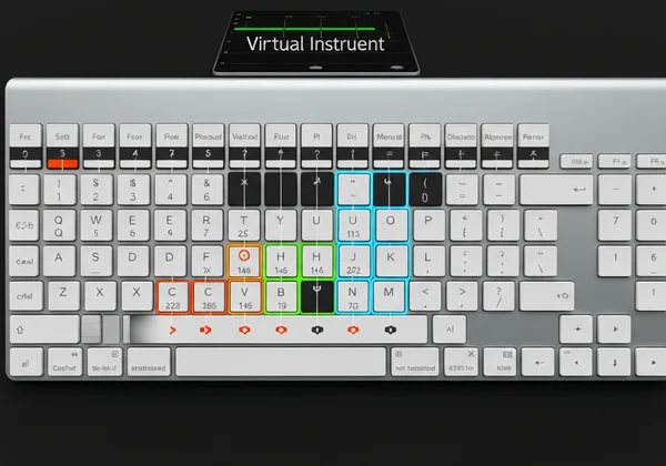 Computer keyboard with virtual guitar note mapping overlay