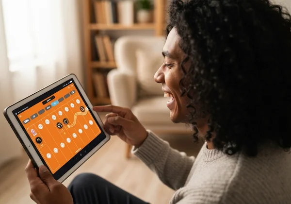 Person playing virtual guitar online on a tablet with joy