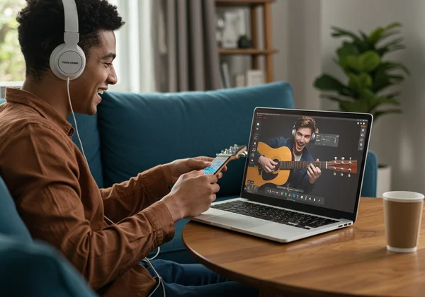 Person playing virtual guitar on laptop, no cost