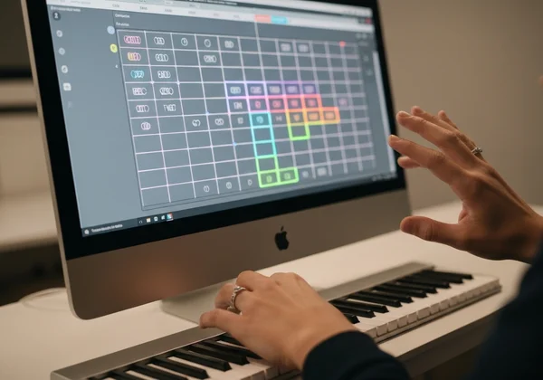 Person plays virtual guitar on computer for pop songwriting