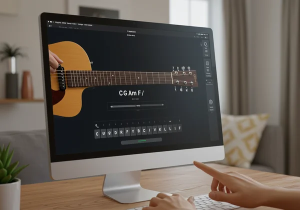مستخدم يعزف كوردات على منصة جيتار افتراضية عبر الإنترنت.