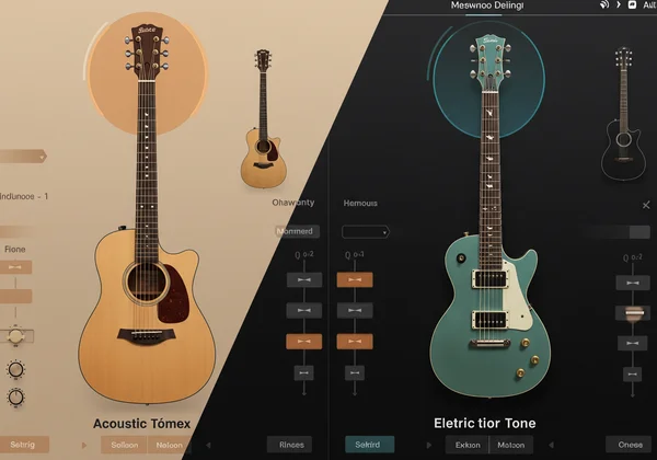 جيتار افتراضي يظهر خيارات نغمة الصوتية والكهربائية.
