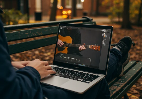 شخص يعزف على جيتار افتراضي على جهاز كمبيوتر محمول في بيئة مريحة