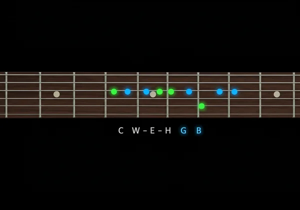 가상 기타 프렛보드에 강조된 C 장조 스케일