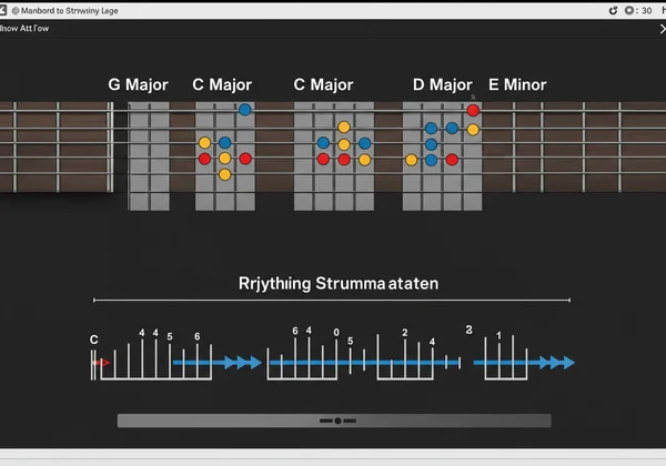 Virtual guitar showing basic G, C, D, Em chords being played