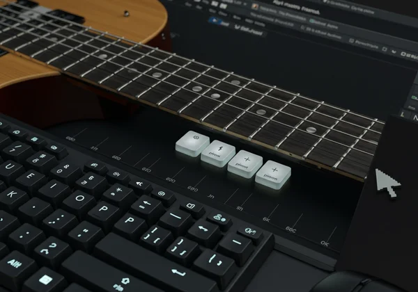 Virtual guitar interface with keyboard keys mapped to notes