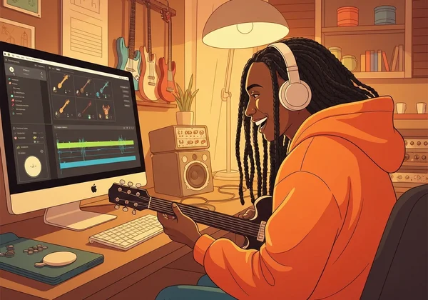 Person composing music with a virtual guitar