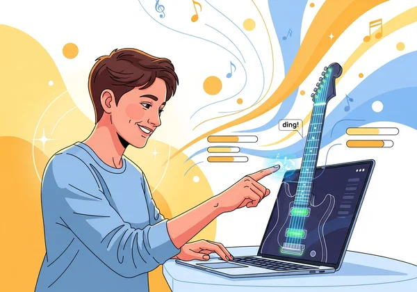 Happy person successfully playing guitar online