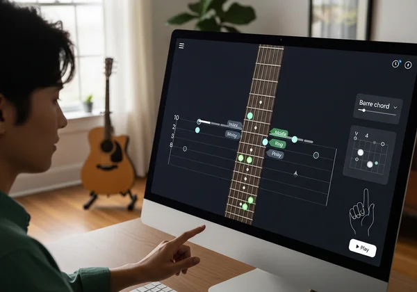 User practicing barre chords on a virtual guitar